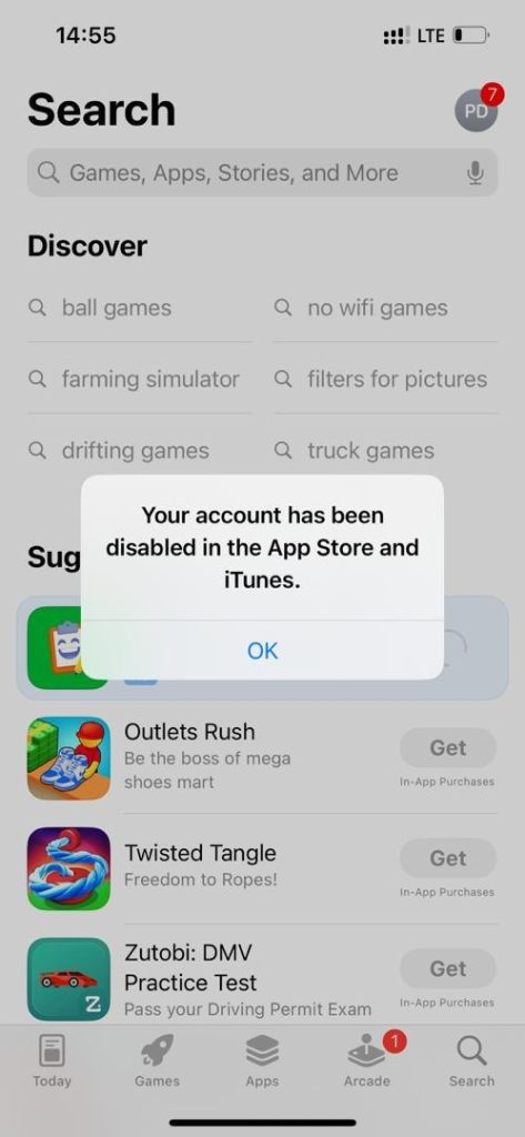 your account has been disabled in the App Store and iTunes.